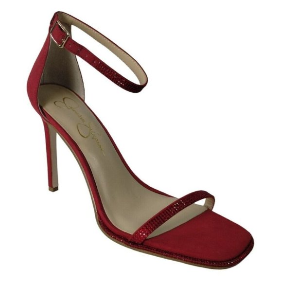Jessica Simpson Womens 8.5 Ostey Red Rhinestones Ankle Strap 4 inch Heels New - Picture 4 of 16